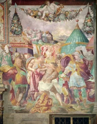 Marcus Furius Camillus (447-365 aC) punindo o mestre de Falerii em 394 aC, da Sala dell&39;Udienza, 1545